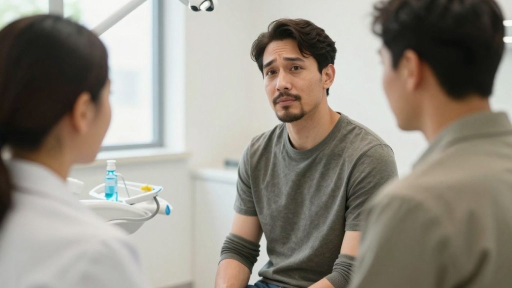 Dentist discussing sedation dentistry options with an anxious patient at Trillium Dental Orléans